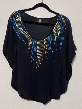 Free People Black Scoop Neck Top with Blue and Gold Studs 0018